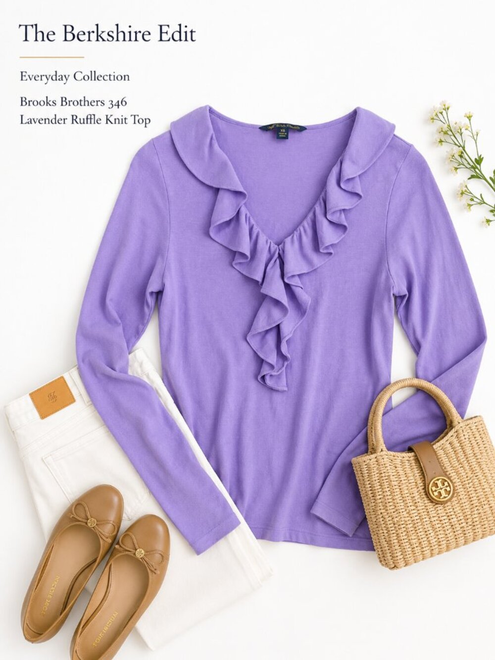 Brooks Brothers 346 Lavender Ruffle V Neck Cotton Modal Knit Top XS
